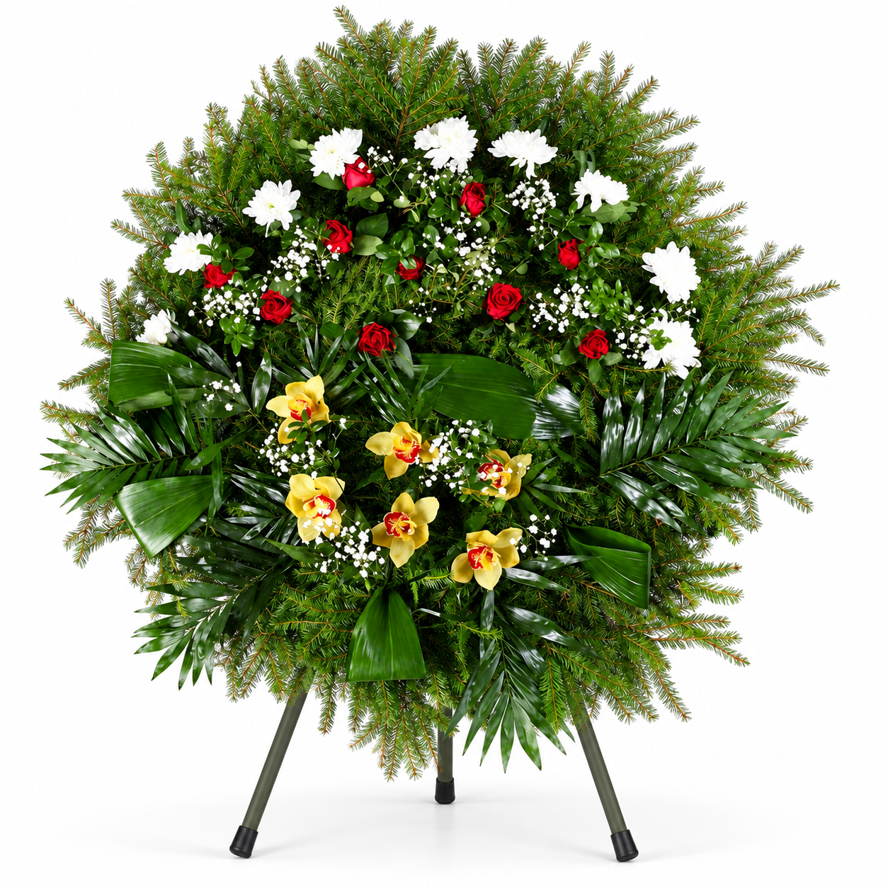 Wieniec Memento Mori Okrągły wieniec pogrzebowy z czerwoną róża, białą margaretką i storczykiem stojący na stojaku