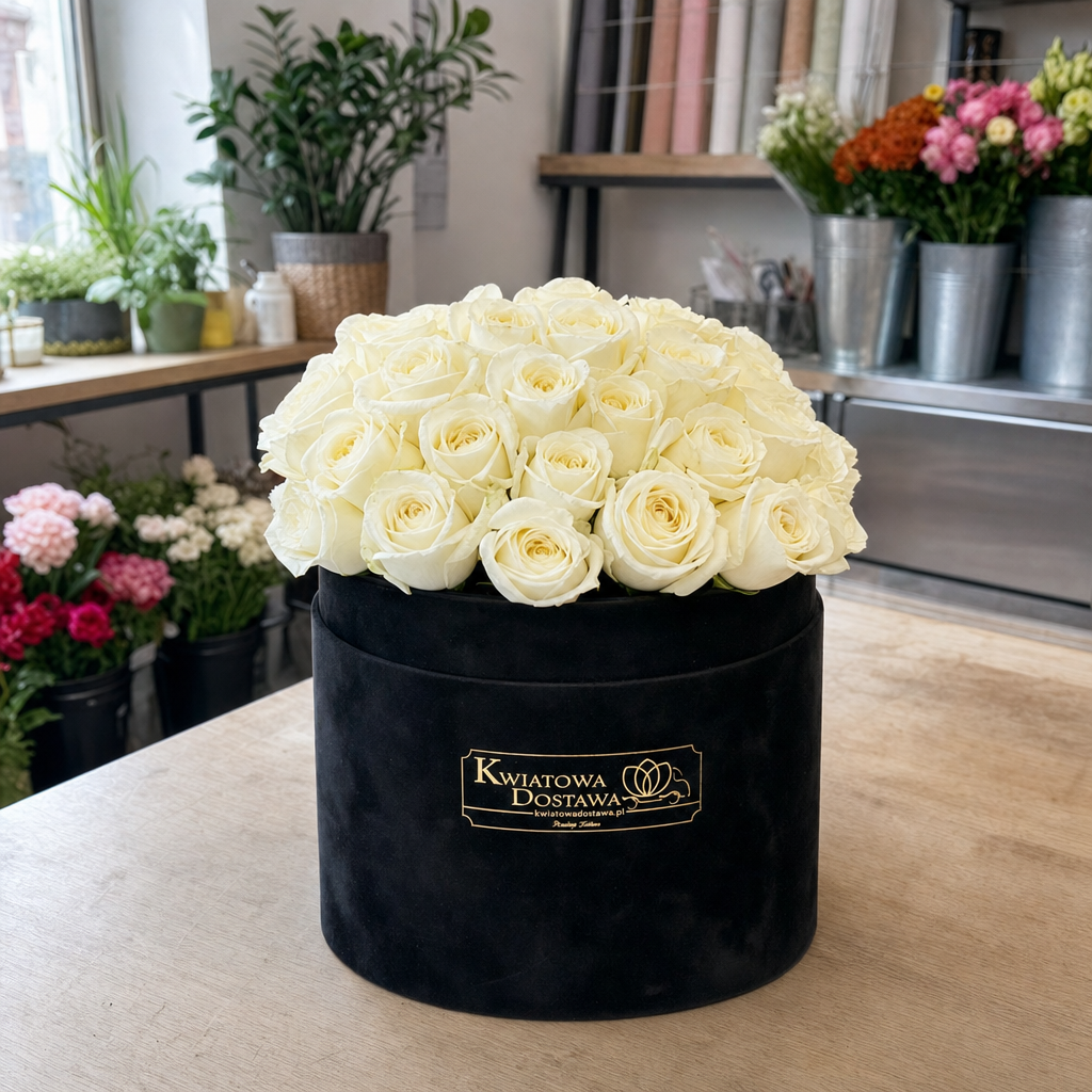 Flowerbox Białe róże w czarnym welurowym pudełku.