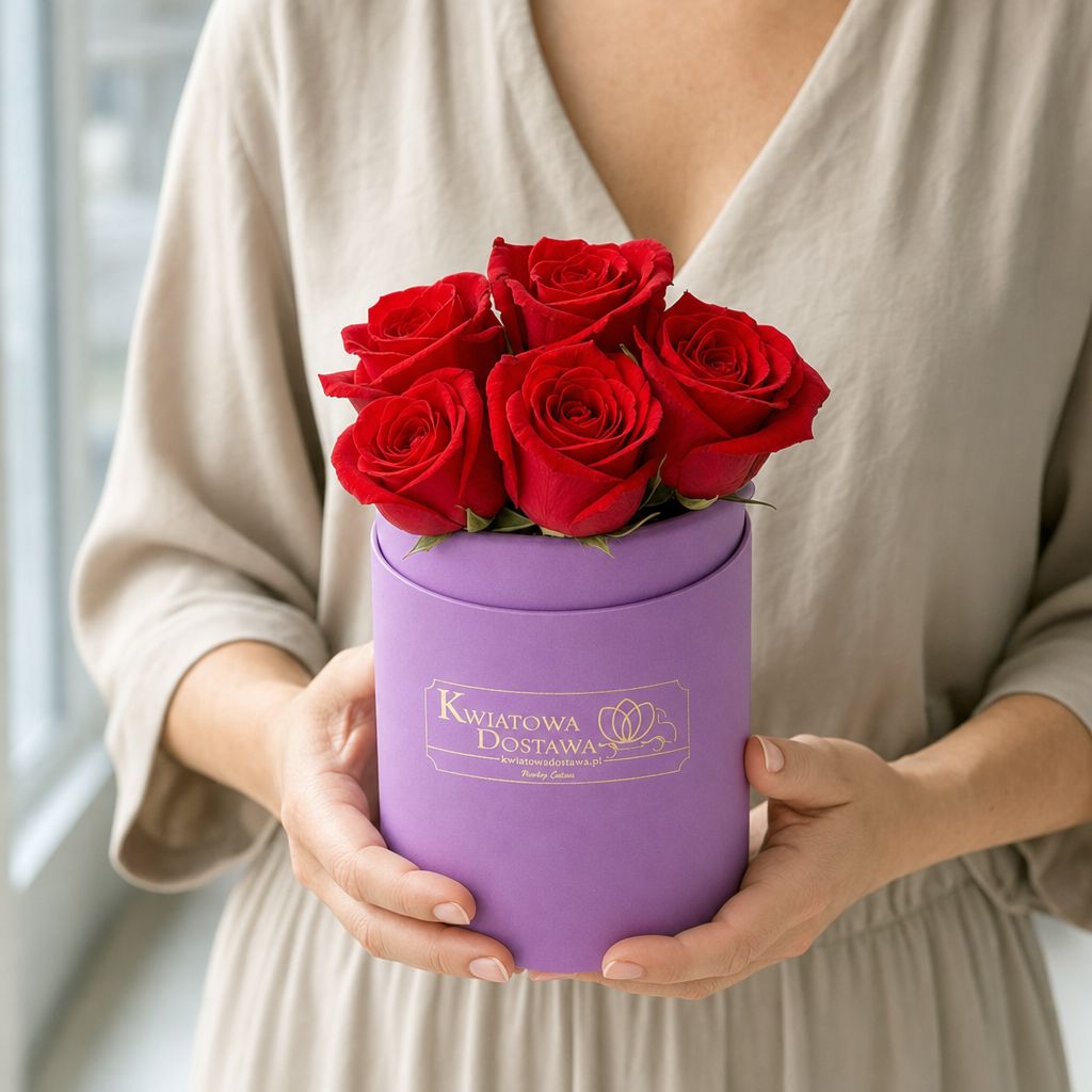 5869-person Prestige flower box z czerwonymi różami - w rękach modelki