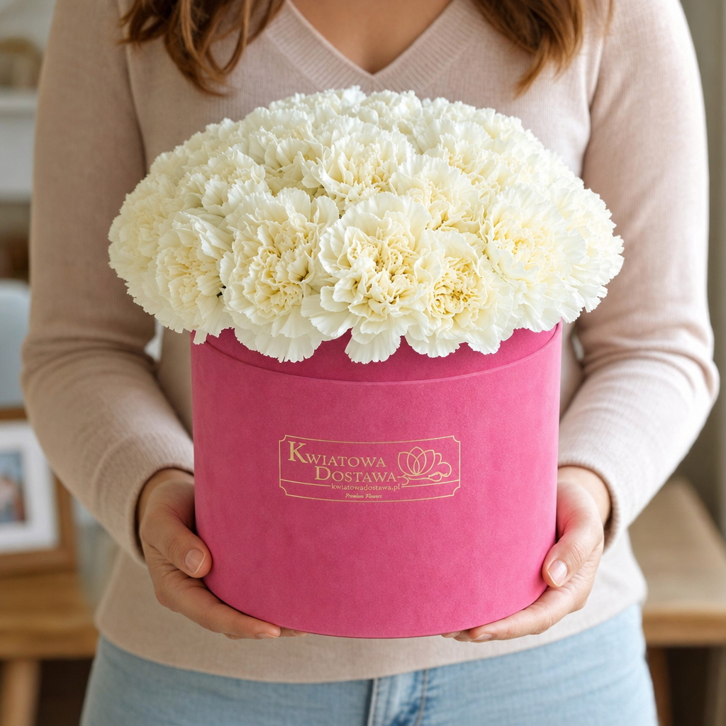 5954-person Prestige flower box z białymi goździkami - w rękach modelki