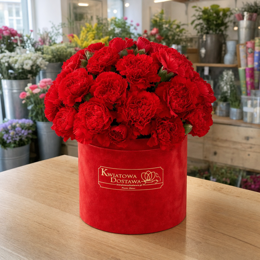 6149-kwiaciarnia Kompaktowy flower box z czerwonymi goździkami - zdjęcie w kwiaciarni