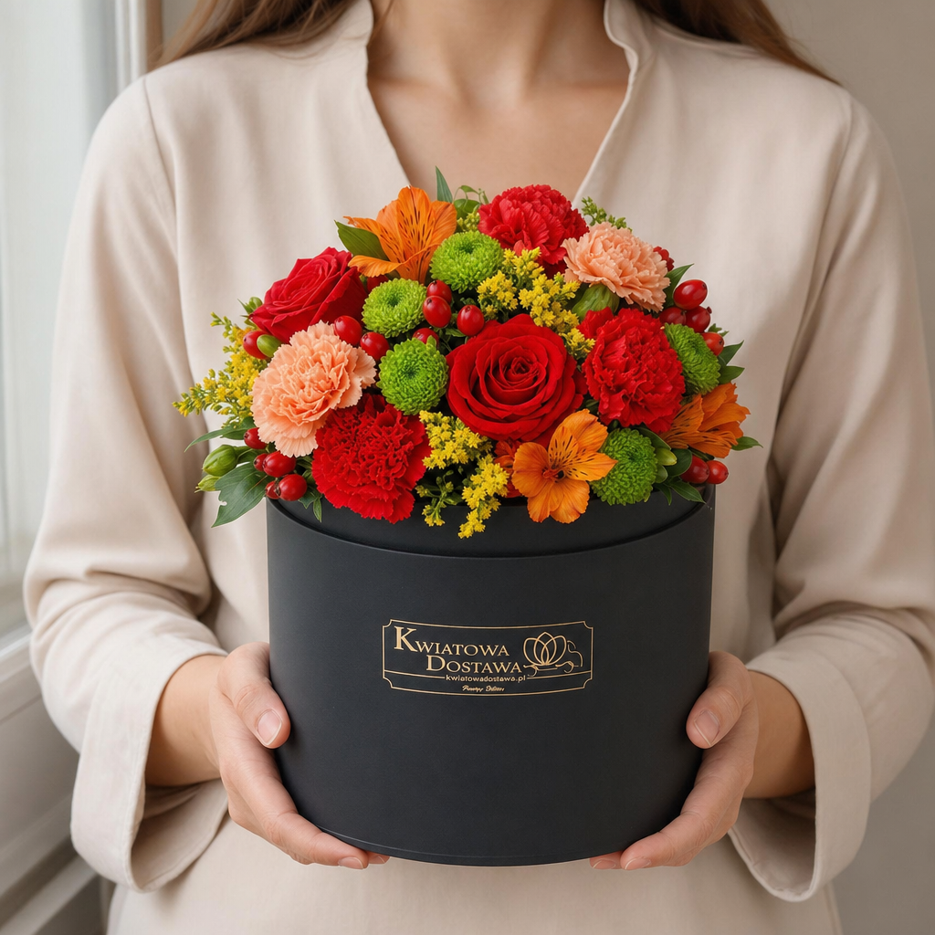6294-person Kwiaty mieszane w czarnym flower boxie - w rękach modelki