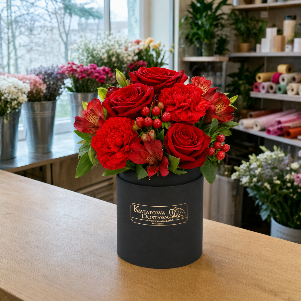 6542-kwiaciarnia Flower box z czerwonymi różami i hypericum - zdjęcie w kwiaciarni